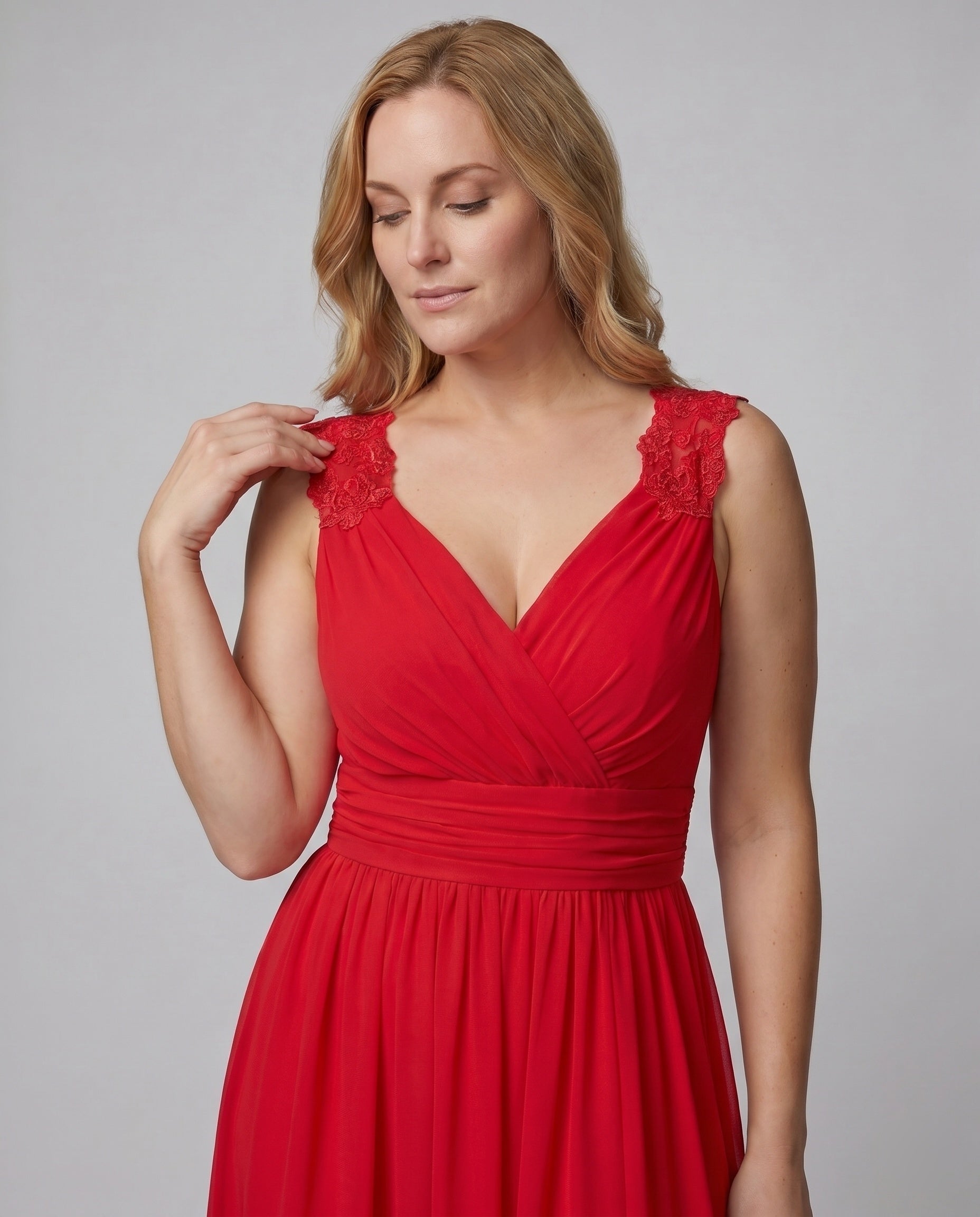 Women's long evening dress with deep V-neckline, sleeveless, side slit, lace shoulder detail