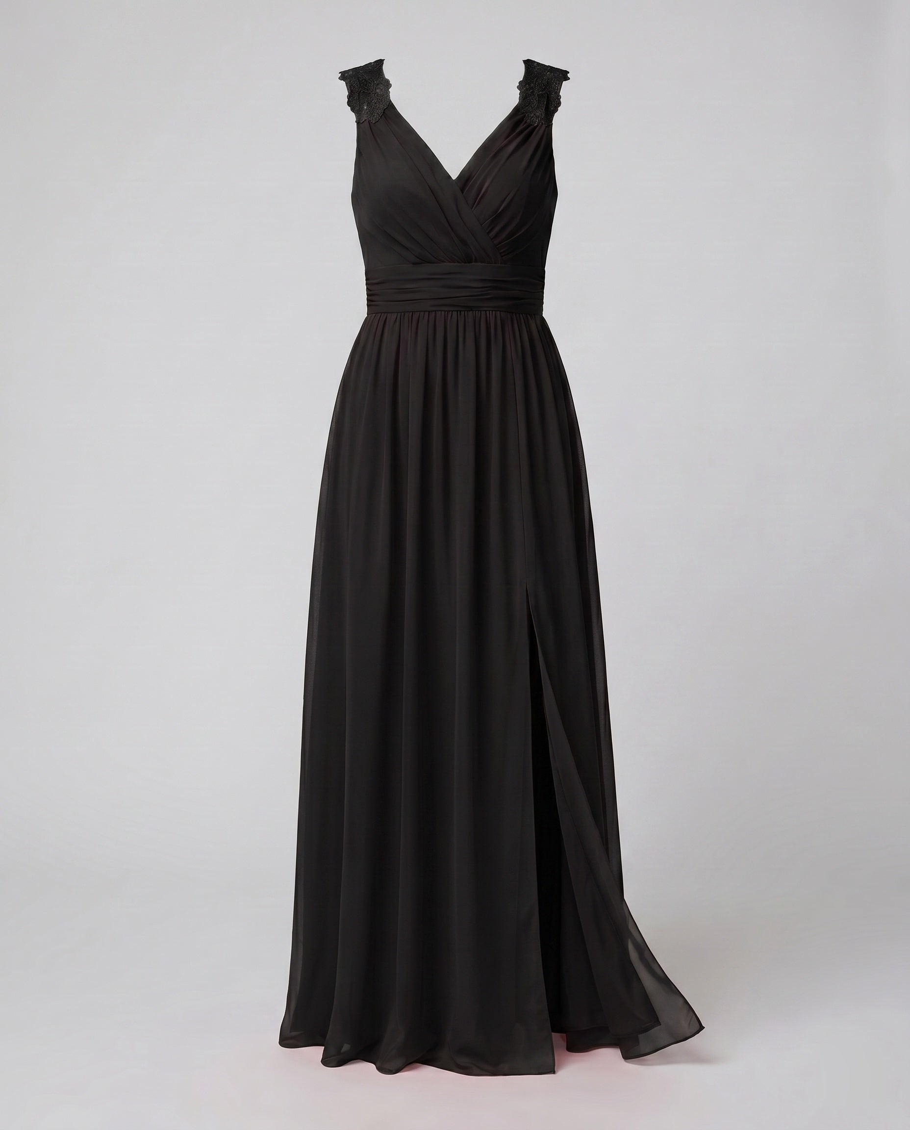 Women's long evening dress with deep V-neckline, sleeveless, side slit, lace shoulder detail