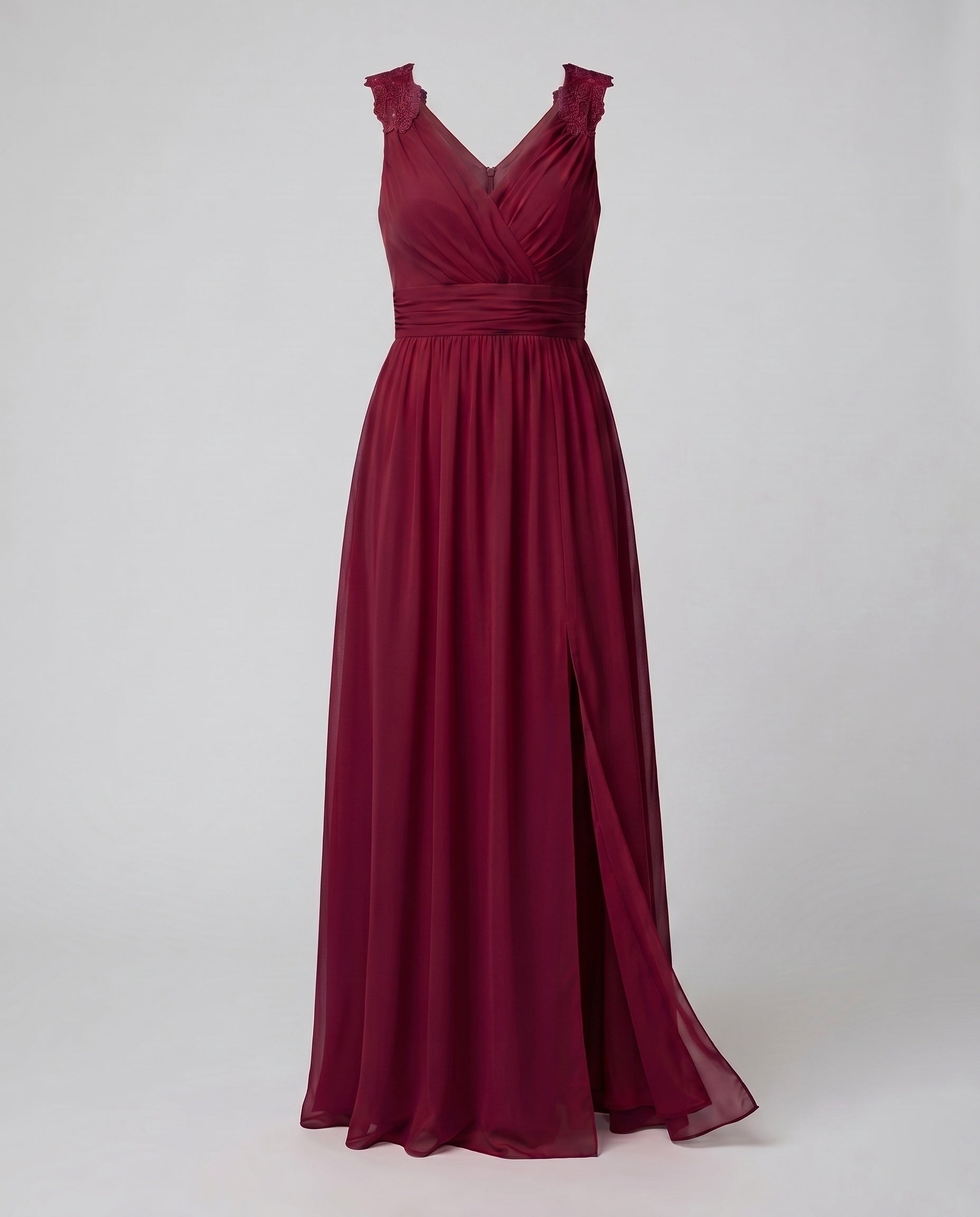 Women's long evening dress with deep V-neckline, sleeveless, side slit, lace shoulder detail