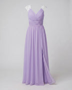 Women's long evening dress with deep V-neckline, sleeveless, side slit, lace shoulder detail