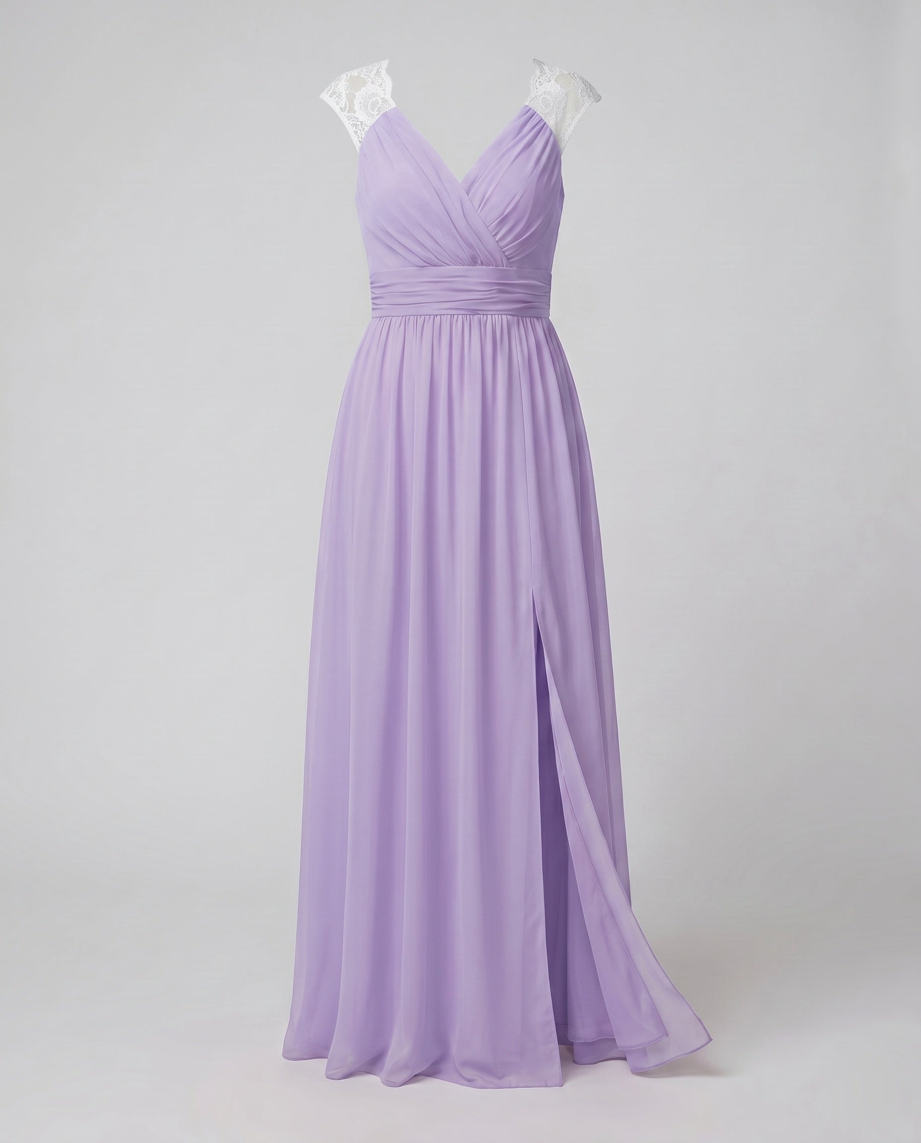 Women's long evening dress with deep V-neckline, sleeveless, side slit, lace shoulder detail