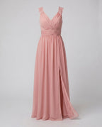 Women's long evening dress with deep V-neckline, sleeveless, side slit, lace shoulder detail