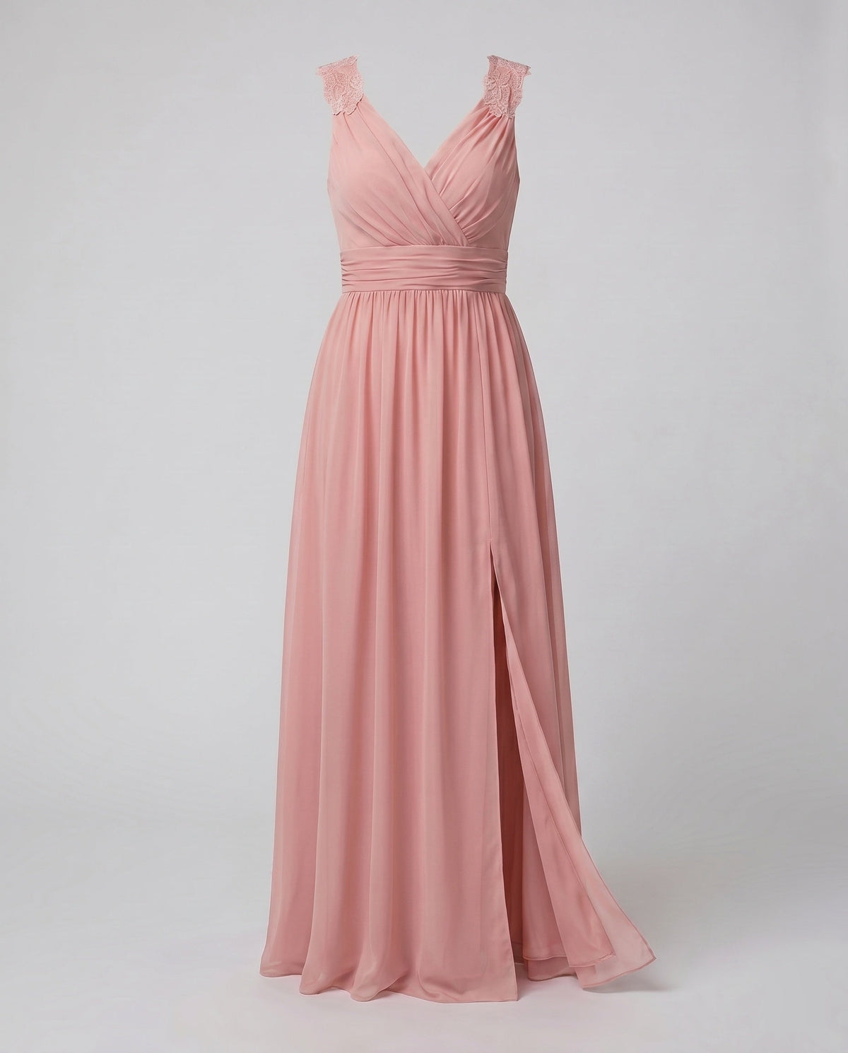 Women's long evening dress with deep V-neckline, sleeveless, side slit, lace shoulder detail