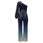 One shoulder disco jumpsuit wide leg ombre blue retro 70s women
