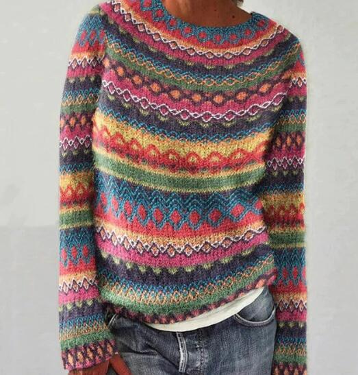 Women's long sleeve sweater relaxed fit in yellow, blue and white