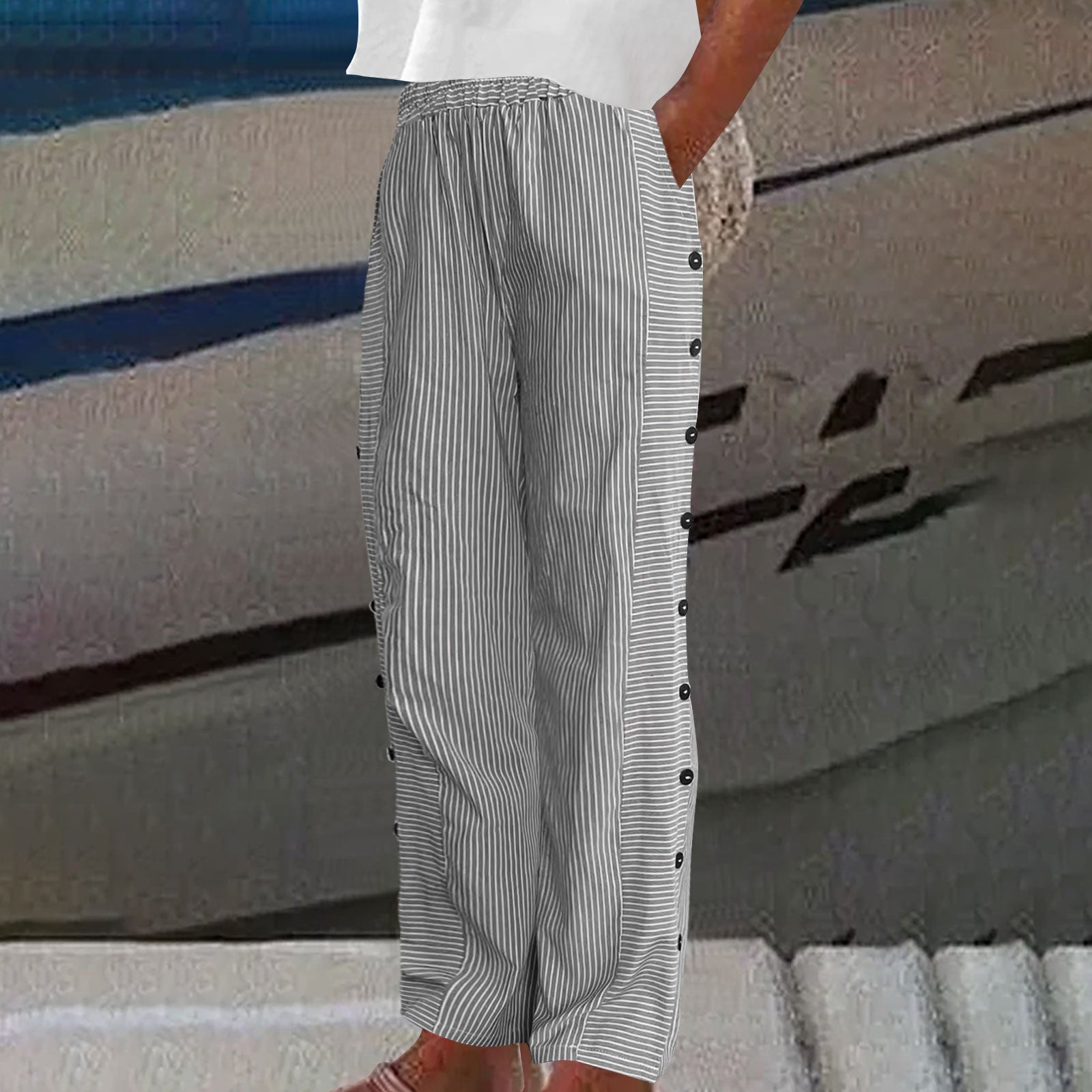 Women linen cotton striped pants with button side accents relaxed fit