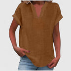 Women's V-neck blouse short sleeve straight cut, available in multiple solid colors