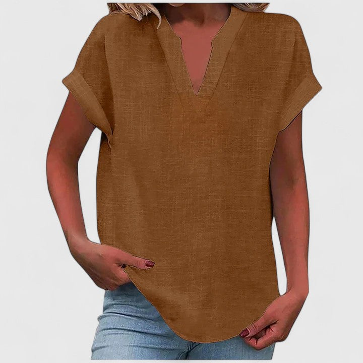 Women's V-neck blouse short sleeve straight cut, available in multiple solid colors