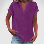 Women's V-neck blouse short sleeve straight cut, available in multiple solid colors