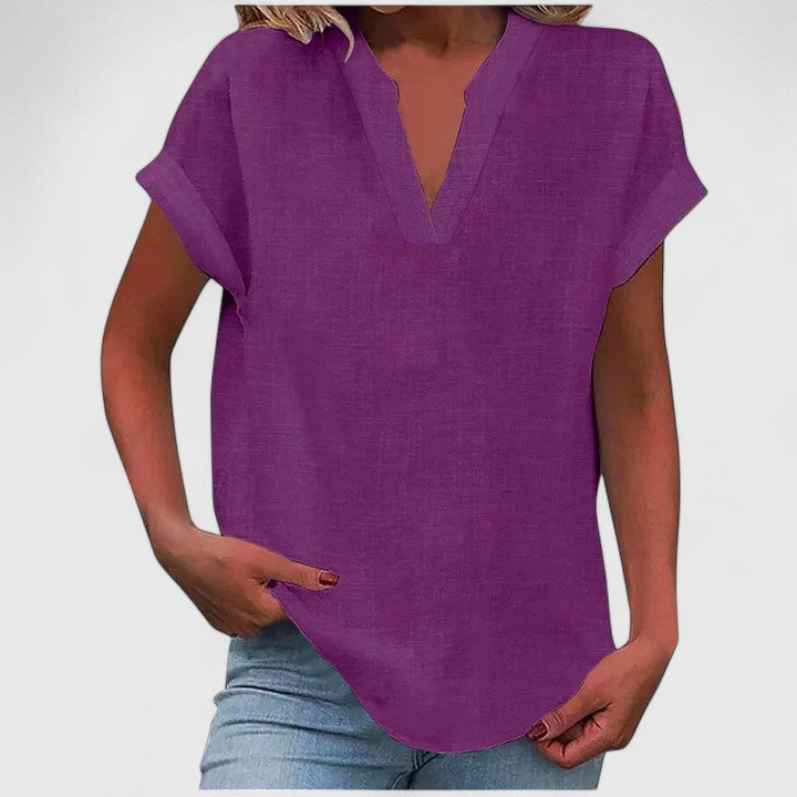 Women's V-neck blouse short sleeve straight cut, available in multiple solid colors