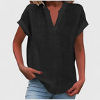Women's V-neck blouse short sleeve straight cut, available in multiple solid colors