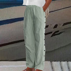 Women linen cotton striped pants with button side accents relaxed fit