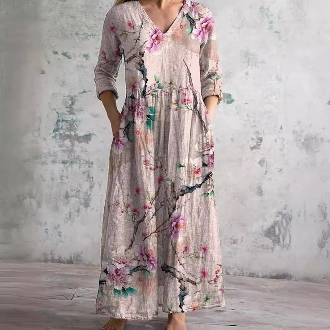 Floral summer dress women V-neck lightweight flowing fit casual day dress