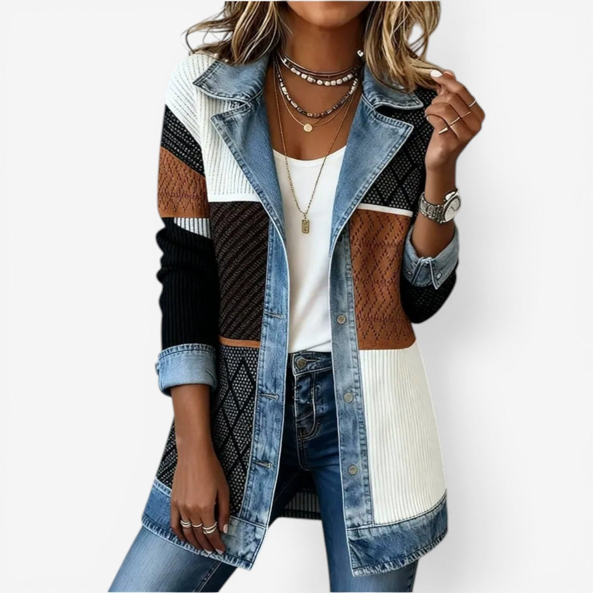 Women soft touch layered look jacket with denim-inspired contrast trims relaxed fit