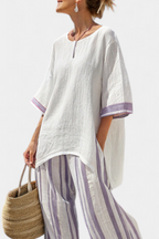 Women 2 piece bamboo blouse and wide leg striped trousers set relaxed fit