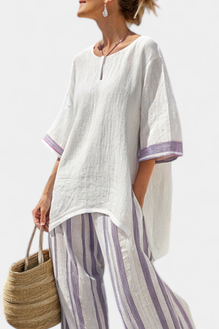 Women 2 piece bamboo blouse and wide leg striped trousers set relaxed fit