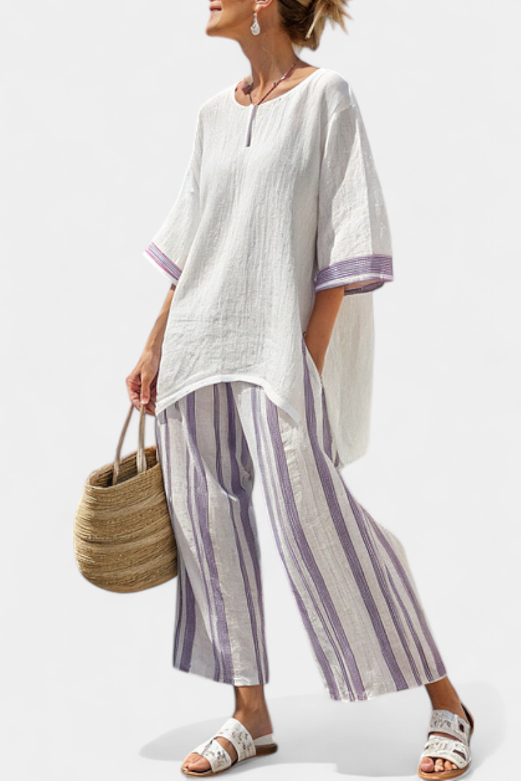 Women 2 piece bamboo blouse and wide leg striped trousers set relaxed fit