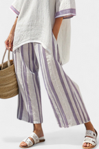 Women 2 piece bamboo blouse and wide leg striped trousers set relaxed fit