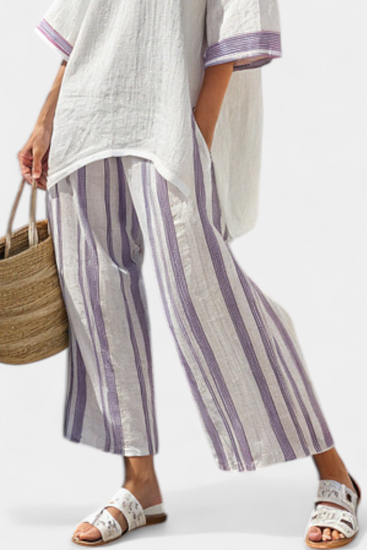 Women 2 piece bamboo blouse and wide leg striped trousers set relaxed fit