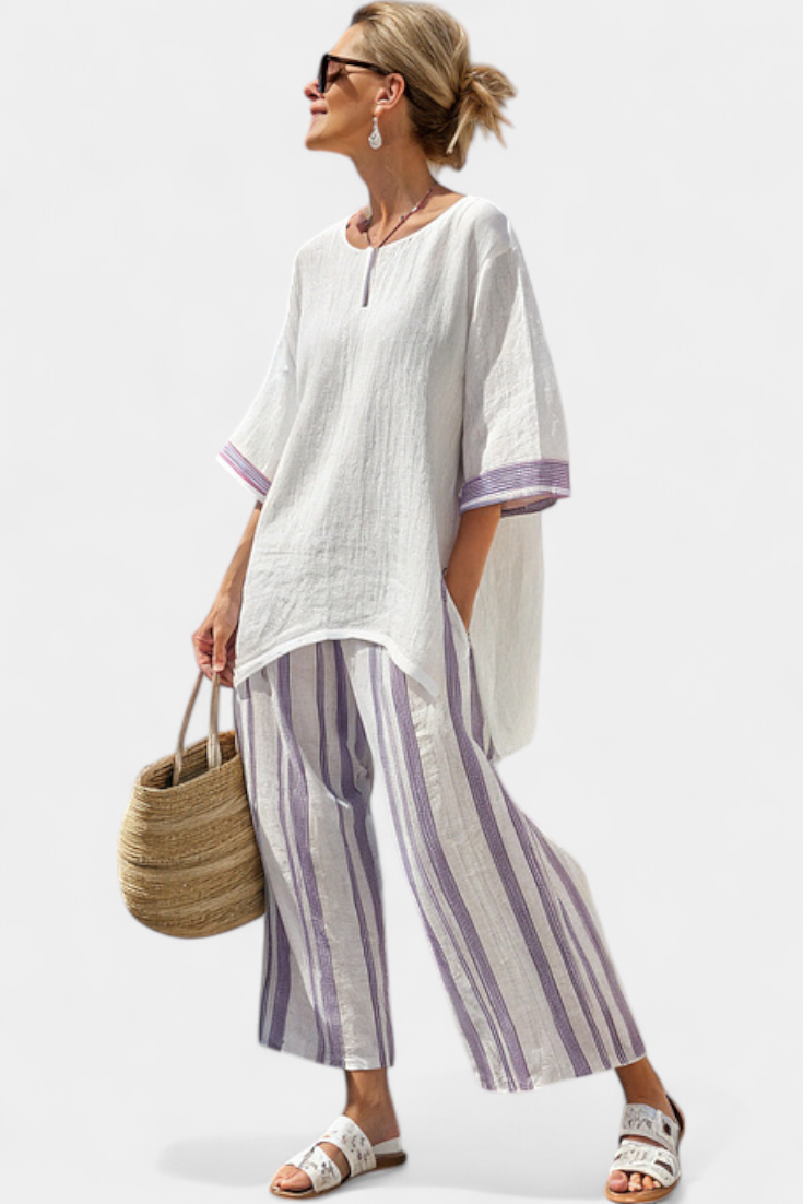 Women 2 piece bamboo blouse and wide leg striped trousers set relaxed fit