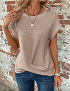 Women waffle knit tee relaxed fit short sleeve casual top