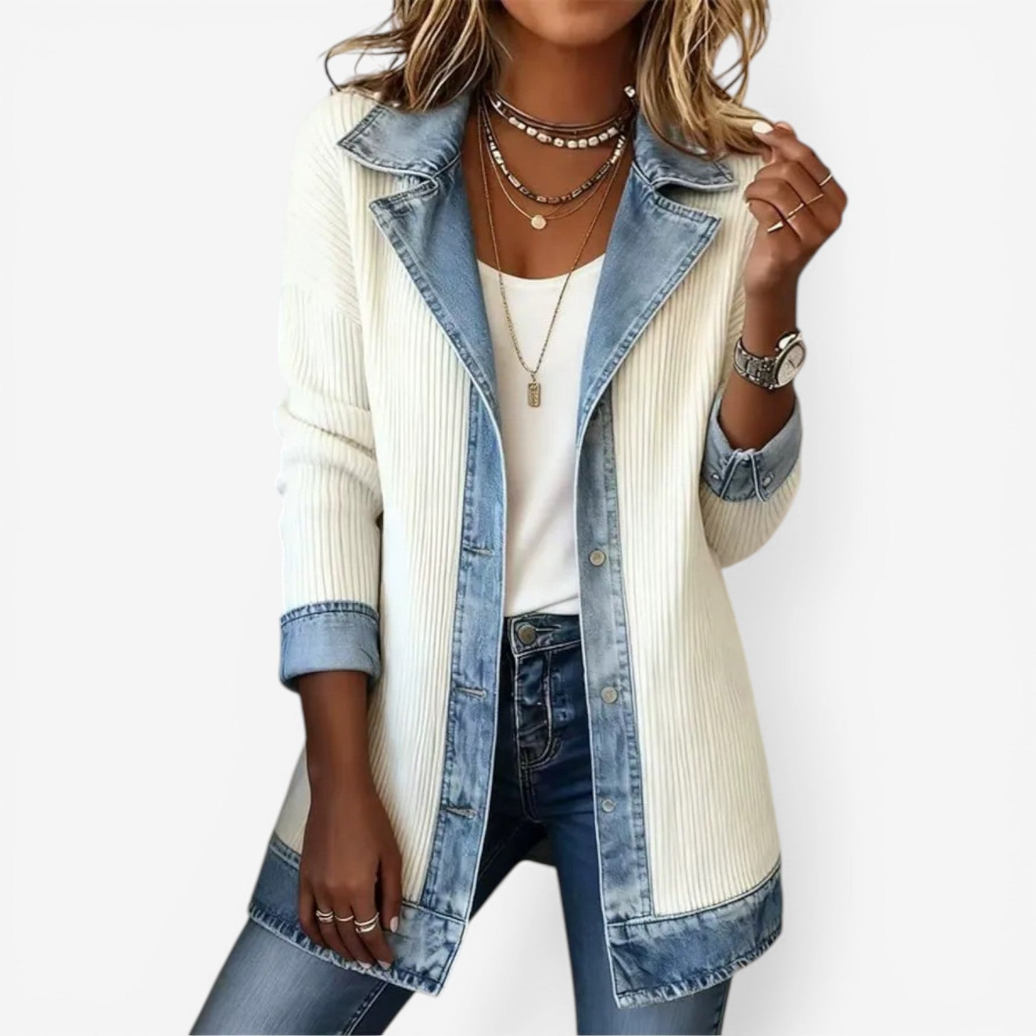 Women soft touch layered look jacket with denim-inspired contrast trims relaxed fit