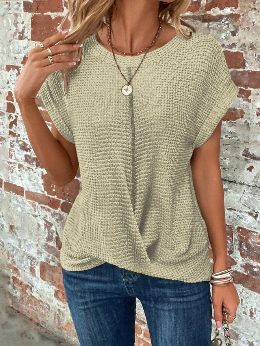 Women waffle knit tee relaxed fit short sleeve casual top