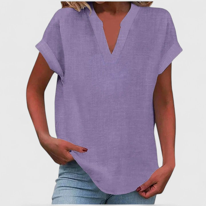 Women's V-neck blouse short sleeve straight cut, available in multiple solid colors