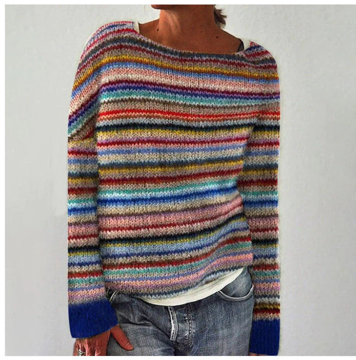 Women's long sleeve sweater relaxed fit in yellow, blue and white