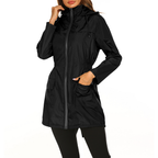 Women hooded rain jacket mid length with zip front and drawstring waist
