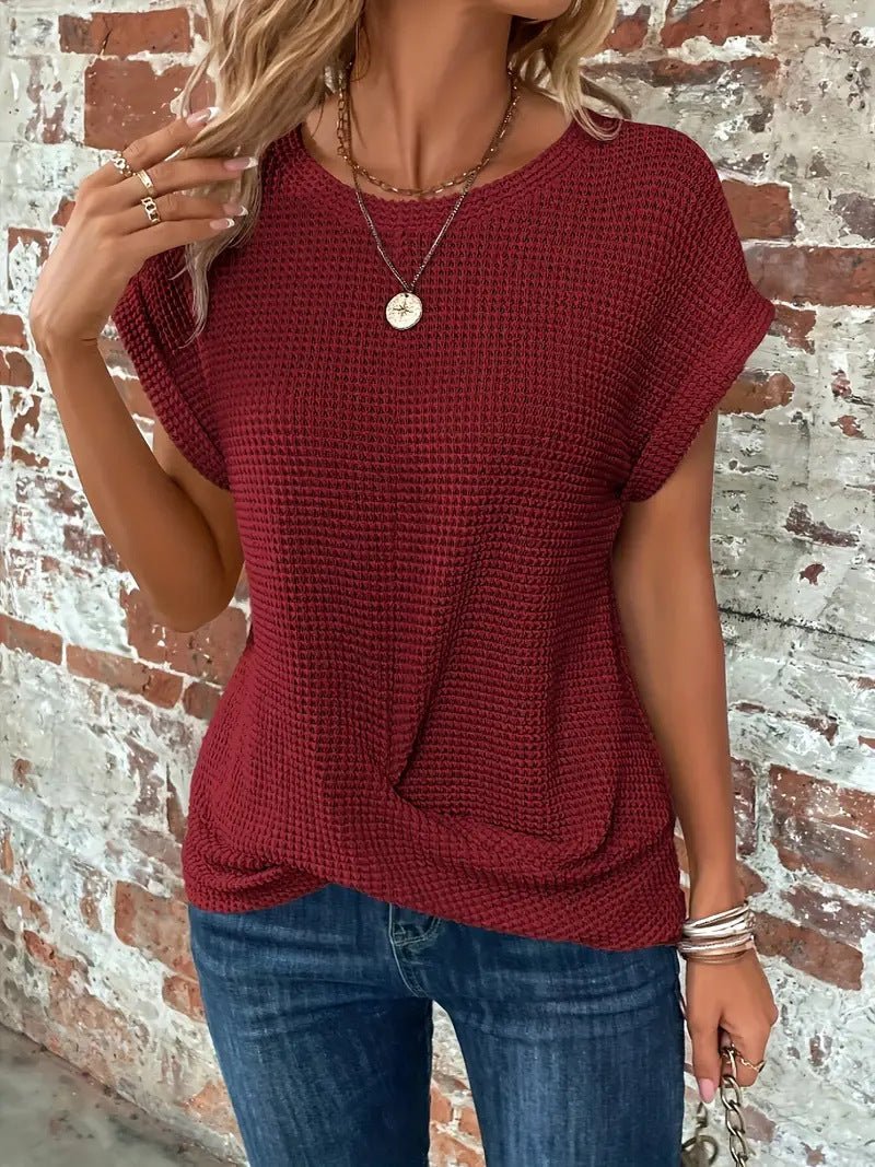 Women waffle knit tee relaxed fit short sleeve casual top