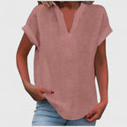 Women's V-neck blouse short sleeve straight cut, available in multiple solid colors