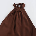Women velvet midi dress halter neckline in brown