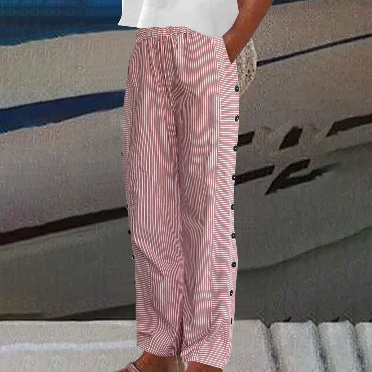 Women linen cotton striped pants with button side accents relaxed fit
