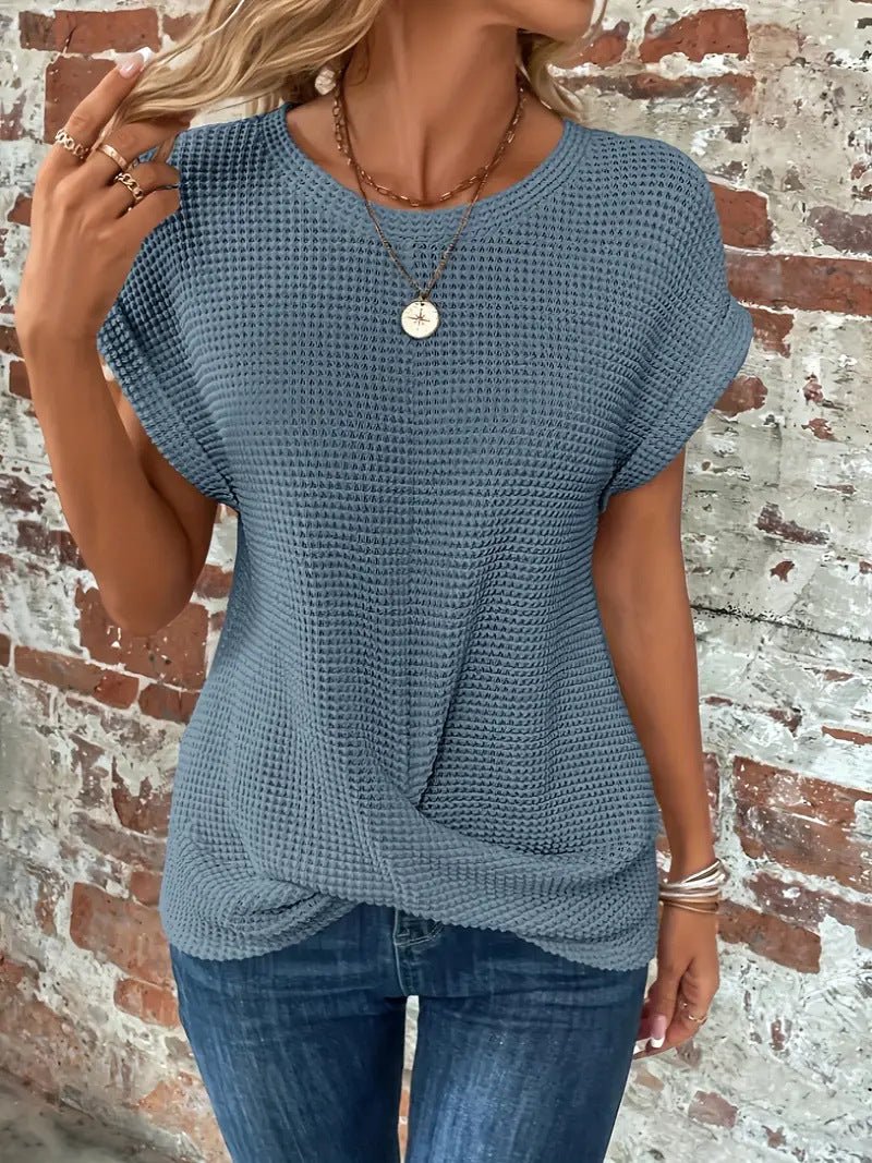 Women waffle knit tee relaxed fit short sleeve casual top