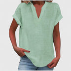 Women's V-neck blouse short sleeve straight cut, available in multiple solid colors