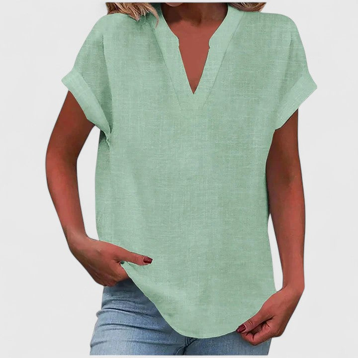 Women's V-neck blouse short sleeve straight cut, available in multiple solid colors