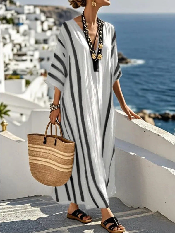 Women's kaftan maxi dress long striped loose fit, Mediterranean summer style