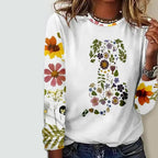 Women floral print long sleeve shirt with round neckline in white