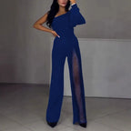 Women one shoulder sequin panel wide leg jumpsuit asymmetric design