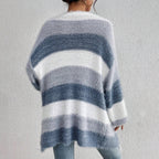 Women oversized cardigan sweater open front blue white stripe long sleeve