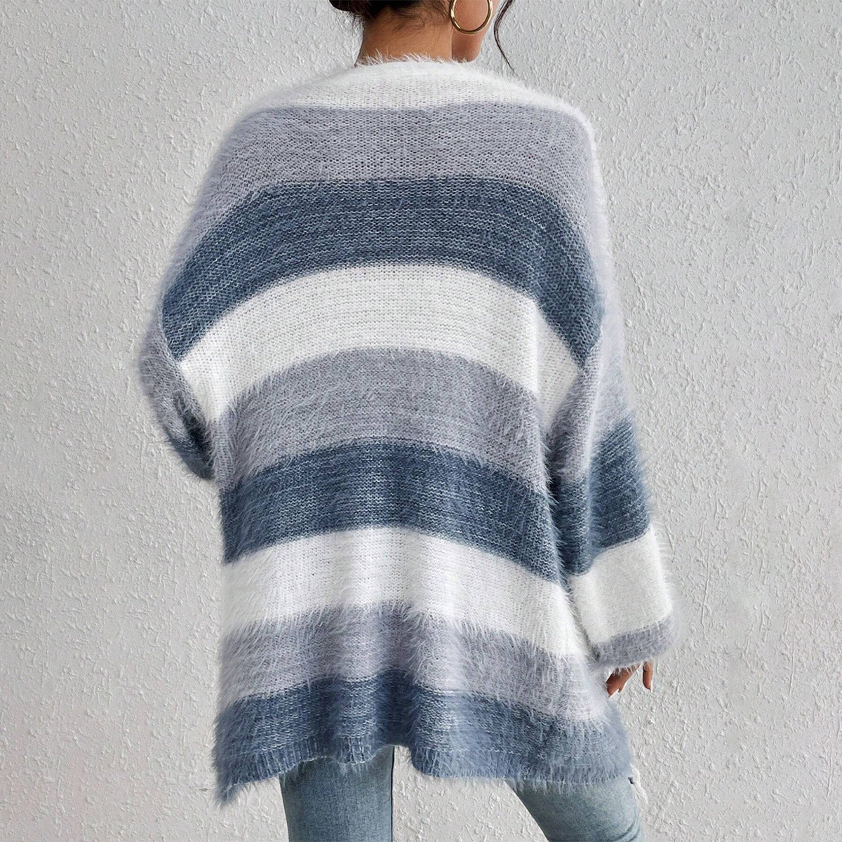 Women oversized cardigan sweater open front blue white stripe long sleeve