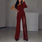 Women one shoulder sequin panel wide leg jumpsuit asymmetric design
