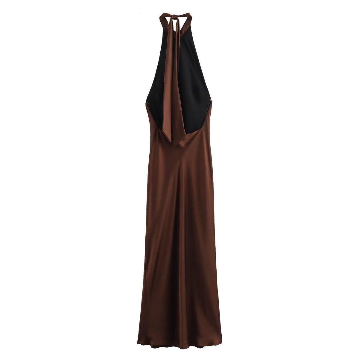 Women velvet midi dress halter neckline in brown