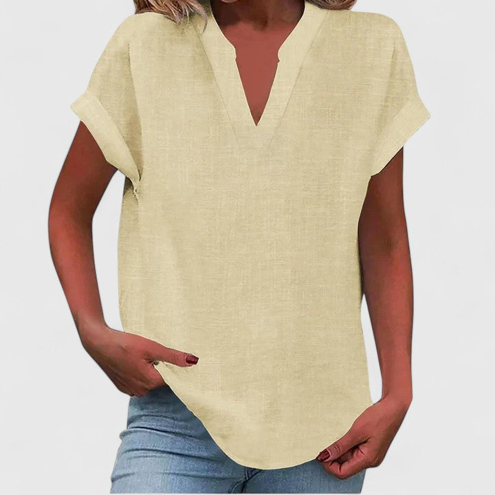Women's V-neck blouse short sleeve straight cut, available in multiple solid colors