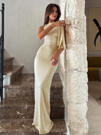 Women one shoulder maxi dress in cream, flowing silhouette