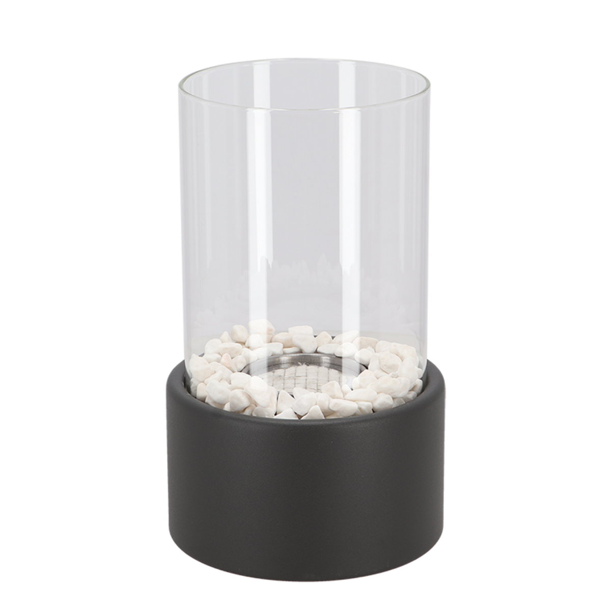 Decorative ethanol oil lamp with metal frame, glass cylinder, and decorative stones, indoor and outdoor
