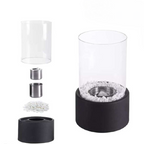 Decorative ethanol oil lamp with metal frame, glass cylinder, and decorative stones, indoor and outdoor
