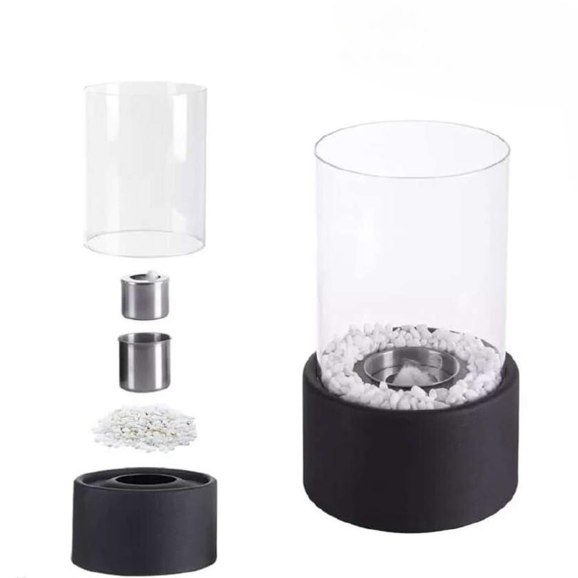 Decorative ethanol oil lamp with metal frame, glass cylinder, and decorative stones, indoor and outdoor