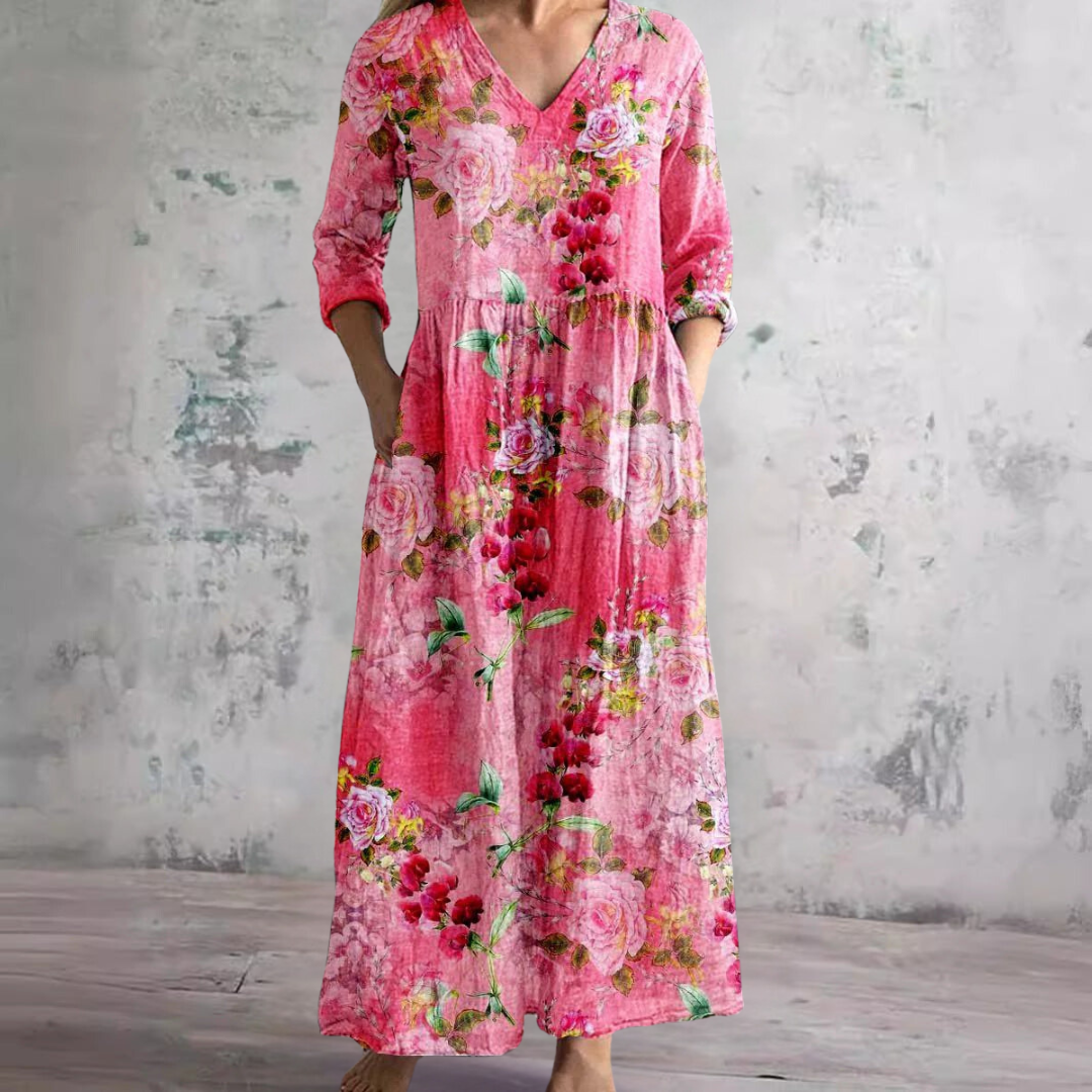 Floral summer dress women V-neck lightweight flowing fit casual day dress